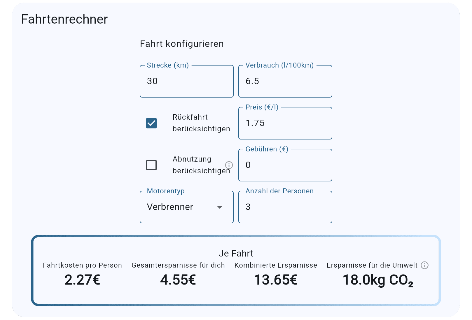 DriveTogether-Fahrtkostenrechner mit Eingaben für Strecke, Verbrauch, Kraftstoffpreis und Personenzahl